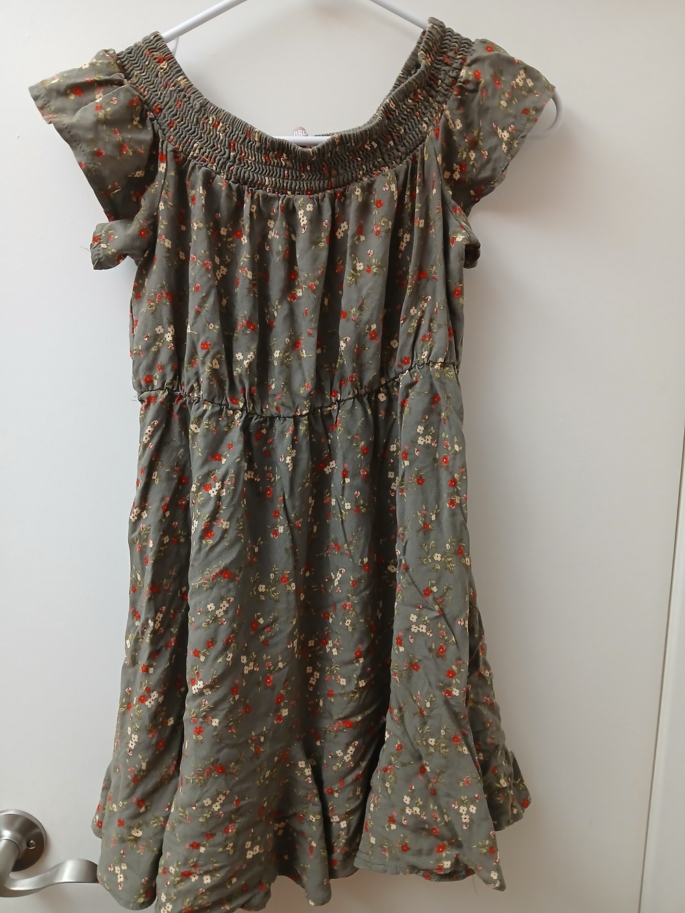 Juniors Size Olive Floral Smocked Neck Dress
